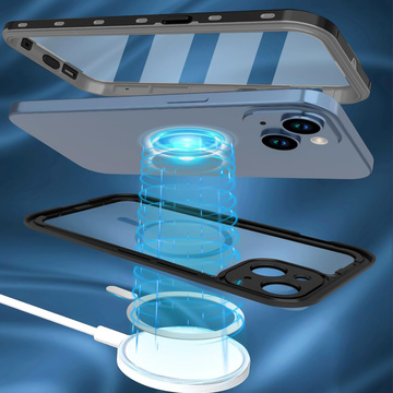 Etui do iPhone 15 Plus wodoodporne Mag Safe Case pancerne wodoszczelne obudowa czarno-szare