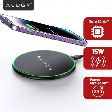 QI kabelloses induktives Ladegerät 15 W schnelle LED Alogy rund für iPhone USB-C-Kabel Schwarz