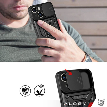 Etui pancerne do iPhone 15 Camshield Case Ring Alogy Stand z osłonką na aparat slide czarne + Szkło