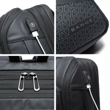 Wasserdichter Rucksack von Bange für Laptops bis 15,6 Zoll, ideal für Städtetrips, 49 x 31 x 18 cm, erweiterbar für Arbeit und Flugreisen, für Damen und Herren, mit USB-Anschluss, Schwarz
