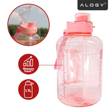 Duża Butelka Motywacyjna na Wodę 1.7L Bidon Sportowy z Miarką, Uchwytem i Pokrywką 2w1 (Dzióbek + Słomka), Wygodna i Szczelna, Alogy Sport 1700ml – Różowa