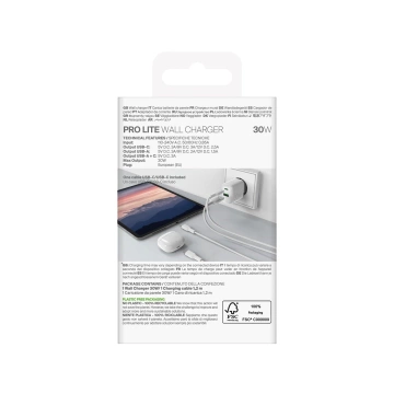Ładowarka Puro PROLITE 30W USB-A/USB-C + kabel 1.2m – biała