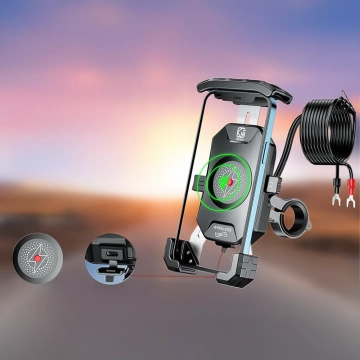 Uchwyt Motocyklowy na kierownicę KEWIG M14-A1 na telefon z ładowarką Qi + PD USB-C na motor quada skuter Czarny