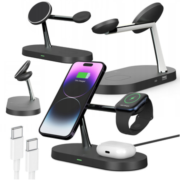 Ładowarka indukcyjna Qi Mag Safe 15W do iPhone Apple Watch AirPods bezprzewodowa 5w1 Stacja dokująca Czarna