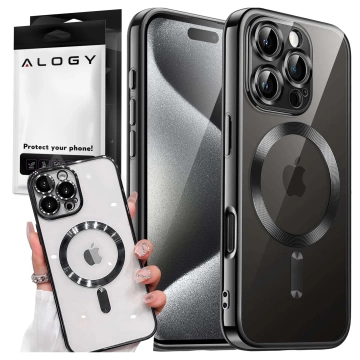 Etui MagSafe Case do Apple iPhone 16 Pro Alogy Glamour Luxury Ring obudowa czarno-przezroczyste + szkło hartowane
