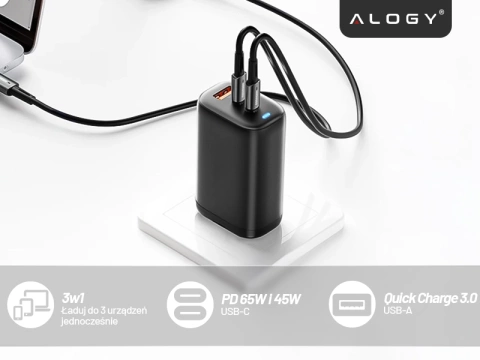 Ładowarka Sieciowa Szybka 3w1 do telefonu do Samsung do iPhone GaN3 65W PD i QC, Porty 2x USB-C 65W + USB-A 30W, Alogy GaNCharge Compact™ – Czarna