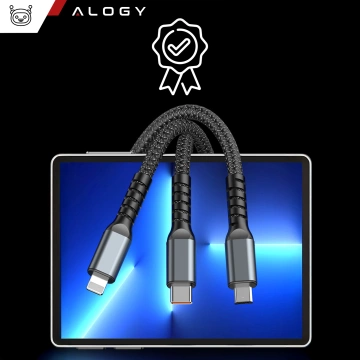120 cm Alogy 3-in-1 Schnellladekabel 100 W USB auf USB-C Micro Lightning Schwarz