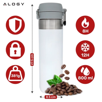 Alogy Thermos ThermoGo™ 800ml Edelstahl-Reisebecher, auslaufsicher, faltbar, ideal für Kaffee, Tee, Sport und Auto, hält Getränke lange warm, weiß
