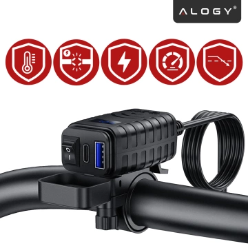 Ładowarka Motocyklowa z Wyświetlaczem, Szybkie Ładowanie 36W PD + QC 3.0, Porty USB-A i USB-C, Wodoodporna i Solidna, Alogy MotoCharge Pro™ – Czarna