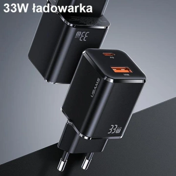 USAMS Ładowarka sieciowa 1xUSB-C+1xUSB T43 33W PD3.0 +QC3.0  + kabel U63 USB-C na lightning czarny/black USKTZ01