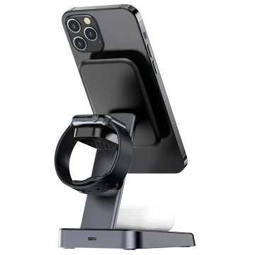 Acefast bezprzewodowa ładowarka Qi 15W do iPhone (z MagSafe), Apple Watch i Apple AirPods stojak podstawka uchwyt magnetyczny czarny (E3 black)