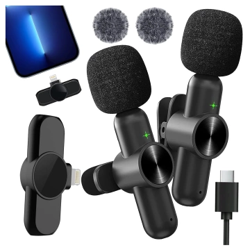 Kabelloses Mikrofon-Set (2 Stück) – Lightning-Anschluss für iPhone, Geräuschunterdrückung, leichtes Design, Reichweite bis zu 20 Meter – 2 Ansteckmikrofone mit Fellbezug, Telefonhörer – Alogy DualVoice™ Schwarz