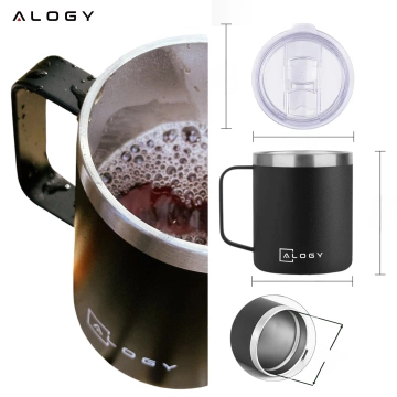 Thermobecher 420 ml mit Henkel und Deckel für Kaffee, Tee, Stahl, Kalt- und Heißgetränke, Alogy Black