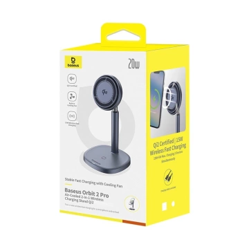 Ładowarka indukcyjna Baseus Orbit 2 Pro MagSafe Qi2 20W 2w1 z chłodzeniem szara
