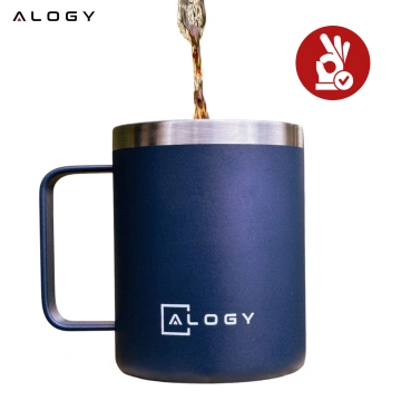 Kubek termiczny 420ml z uchwytem pokrywką na kawę herbatę stalowy zimne i ciepłe napoje Alogy granatowy