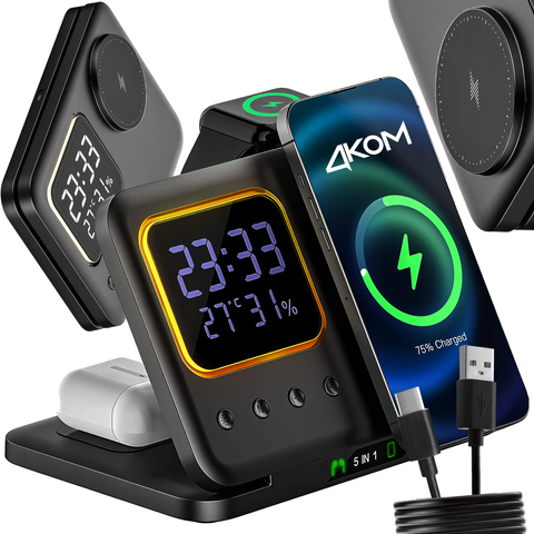 ŁADOWARKA INDUKCYJNA BEZPRZEWODOWA SZYBKA STACJA 5w1 ZEGAR LED 15W USB-C do MagSafe do Apple iPhone Watch AirPods z zegarem i higrometrem Czarna