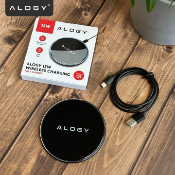 QI kabelloses induktives Ladegerät 15 W schnelle LED Alogy rund für iPhone USB-C-Kabel Schwarz