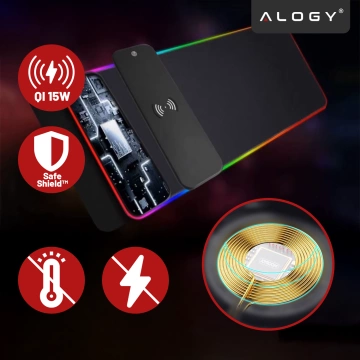 Alogy QiGlow Pro Schreibtischunterlage mit RGB-LED-Beleuchtung für Maus, Tastatur und Qi-Ladegerät für Smartphones. Rutschfeste, schützende Gaming-Matte XL (80 x 30 cm), Schwarz.