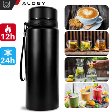 Termos butelka bidon termiczny 1l do kawy herbaty yerba mate z zaparzaczem sitko duży Alogy stal czarny + Szczotka do mycia