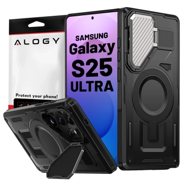 Etui do Samsung Galaxy S25 Ultra Case do MagSafe Wzmocniona Pancerna ochrona obiektywów z funkcją podstawki obudowa ochronna na telefon Alogy HeavyDuty Mag™️Czarne + SZKŁO HARTOWANE