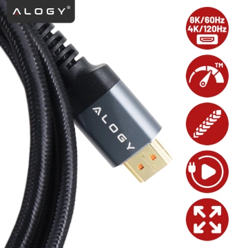Kabel HDMI 2.1 1.5 m, 4K/8K Alogy Ultra High Speed™ 48 Gbps 60Hz, Premium z Pozłacanymi Końcówkami, Nylonowy Oplot, Miedziany – Czarny