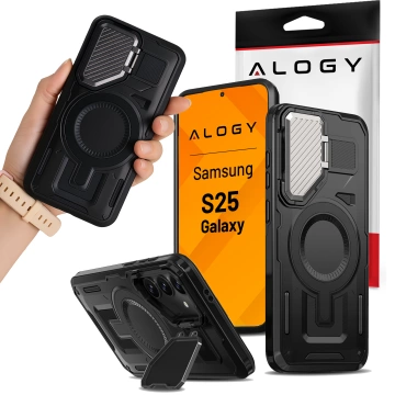 Etui do Samsung Galaxy S25 Case do MagSafe Wzmocniona Pancerna ochrona obiektywów z funkcją podstawki obudowa ochronna na telefon Alogy HeavyDuty Mag™️Czarne