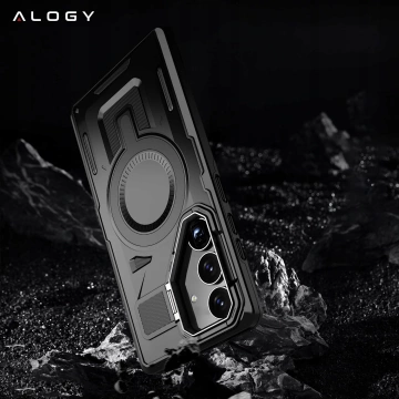 Samsung Galaxy S25 Plus Schutzhülle mit MagSafe-Verstärkung, verstärktem Linsenschutz und Standfunktion, Alogy HeavyDuty Mag™️ Schwarz