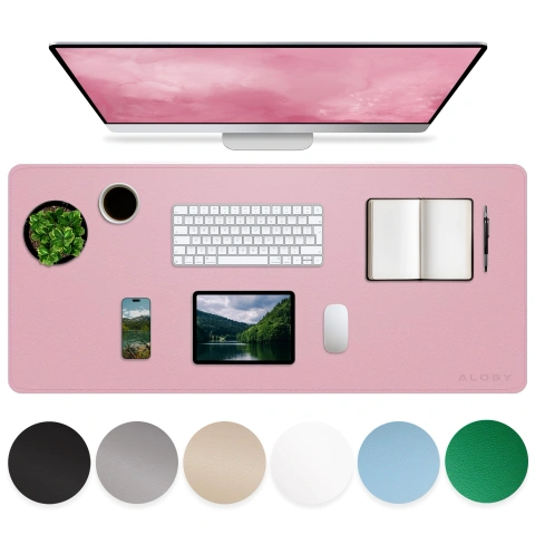 Podkładka na biurko 90×45 cm – antypoślizgowa mata ochronna z eleganckiej ekoskóry PU, pod mysz i klawiaturę, stylowa i trwała – Alogy WorkMat™ Różowa