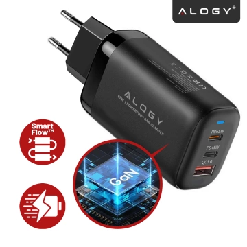Ładowarka Sieciowa Szybka 3w1 do telefonu do Samsung do iPhone GaN3 65W PD i QC, Porty 2x USB-C 65W + USB-A 30W, Alogy GaNCharge Compact™ – Czarna