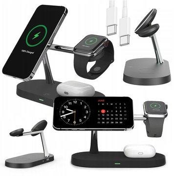 Ładowarka indukcyjna Qi Mag Safe 15W do iPhone Apple Watch AirPods bezprzewodowa 5w1 Stacja dokująca Czarna