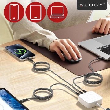 Kabel Zasilający USB-C do USB-C 65W 1m, Szybkie Ładowanie PD, Magnetyczny, Trwały i Elastyczny Przewód Alogy MagiCharge™ – Czarny + Ładowarka Sieciowa 3w1 65W 