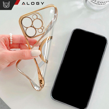 MagSafe Hülle für Apple iPhone 14 Pro Max Alogy Glamour Luxus Ringgehäuse Golden transparent