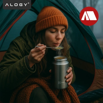 Termos pojemnik obiadowy na jedzenie żywność zupę lód  dla dzieci 700ml Alogy ze stali nierdzewnej + składana łyżeczka termiczny szary
