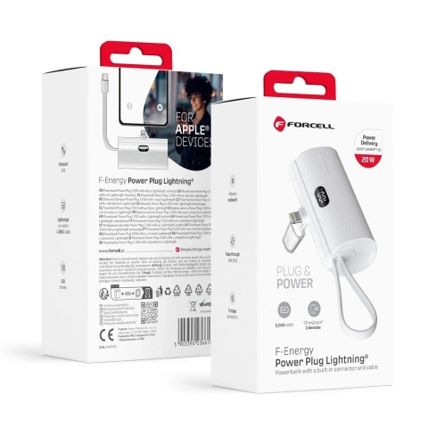 FORCELL F-ENERGY Power Plug F5K3 Powerbank mit integriertem Lightning PD-Anschluss 20 W 5000 mAh Weiß