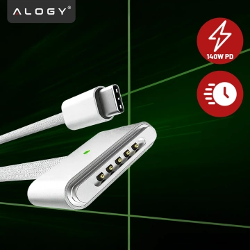 Kabel zasilający USB-C do MagSafe 3 – szybkie ładowanie 140W, przewód 2 m, do Apple MacBook, wytrzymały i bezpieczny – Alogy PowerLink™ Biały