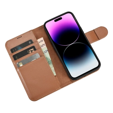 Etui na telefon iCarer Wallet Case 2in1 do  iPhone 14 Pro Max skórzany pokrowiec z klapką Anti-RFID brązowy