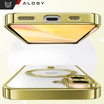Etui Case MagSafe Case do iPhone 16 Plus Glamour Luxury obudowa Slim Ring Alogy złote przezroczyste + szkło hartowane