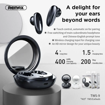 Słuchawki bezprzewodowe Bluetooth 5.0 z Etui, Lusterkiem, Białe REMAX TWS-9