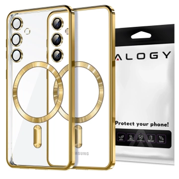 Etui do Samsung Galaxy S24 FE Alogy LuxeShield™️ Glamour Luxury Ring obudowa do MagSafe z osłoną aparatów Złote + szkło hartowane