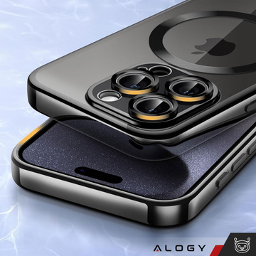 Etui MagSafe Case do iPhone 15 Pro Glamour Luxury obudowa Slim Ring Alogy Czarne przezroczyste + Szkło