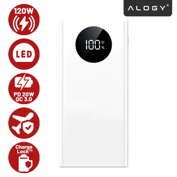 PowerBank 10000mAh z Technologią PD 120W, Szybkie Ładowanie PowerDelivery, Porty 2x USB-A i 1x USB-C, Wysoka Moc i Kompaktowy Design, Alogy TurboCharge™ – Biały