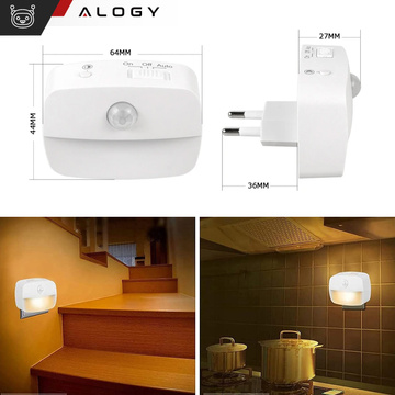 LED-Nachtlampe mit Bewegungssensor für EU-Steckdose, 3 Lichtfarben Alogy Night Light White