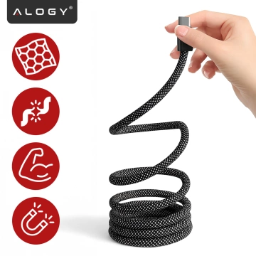 Kabel Zasilający USB-C do USB-C 65W 1m, Szybkie Ładowanie PD, Magnetyczny, Trwały i Elastyczny Przewód Alogy MagiCharge™ – Czarny + Ładowarka Sieciowa 3w1 65W 