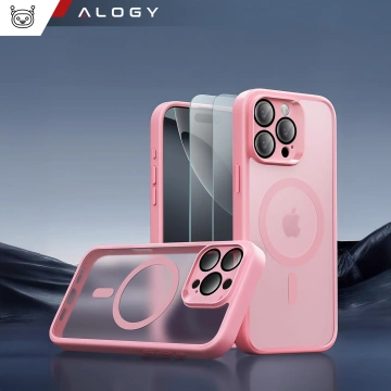 3-in-1 Hybrid-Glashüllen-Set für Apple iPhone 16 Pro: Schutzhülle mit Hybrid-MagSafe-Funktion und Linsenschutz, 2x Displayschutzfolie aus gehärtetem Glas, Alogy 3-in-1-Hüllen-Set, Pink