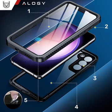 Hülle für Samsung Galaxy S23 Plus, gepanzert, wasserdicht, IP68, 360-Grad-Rüstung, integriertes Glas, Alogy, Schwarz