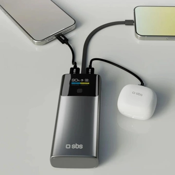 Powerbank SBS 10000mAh 20W PD LCD + kabel USB-C Szary