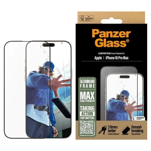 Gehärtetes Glas für iPhone 16 Pro Max PanzerGlass Displayschutzfolie Aluminiumrahmen Ultraweite Passform mit Aluminiumrahmen