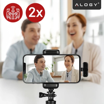 Kabelloses Mikrofon-Set (2 Stück) – Lightning-Anschluss für iPhone, Geräuschunterdrückung, leichtes Design, Reichweite bis zu 20 Meter – 2 Ansteckmikrofone mit Fellbezug, Telefonhörer – Alogy DualVoice™ Schwarz