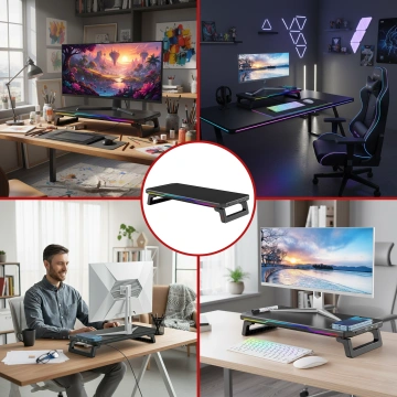 Podstawka pod monitor z lampką listwą świetlną RGB z wejściami HUB USB (3× USB-A, 1× USB-C) – biurkowa do Home Office, Gaming, poprawa ergonomii – Alogy MonitorStand™ Czarna