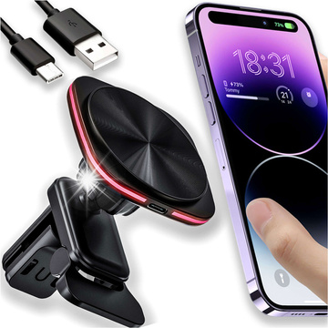 Uchwyt samochodowy na kratkę z ładowarką Mag Safe 15w do iPhone LED PD QC 3.0 do kratki wentylacyjnej auta Alogy czarny